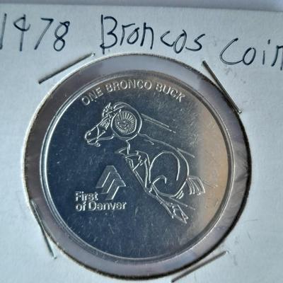 Denver Bronco collectibles, Helmet, Pin back Buttons, and 1976 Schedule Coin