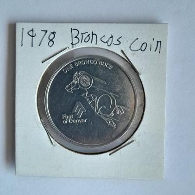 Denver Bronco collectibles, Helmet, Pin back Buttons, and 1976 Schedule Coin
