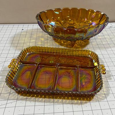 2 Pieces of Carnival Glass Tray and a Bowl