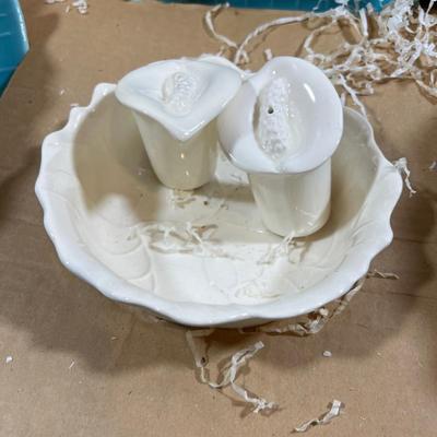 Awesome, Lazy Susan with Salt and Pepper, Turquoise Leaf, Never Used.
