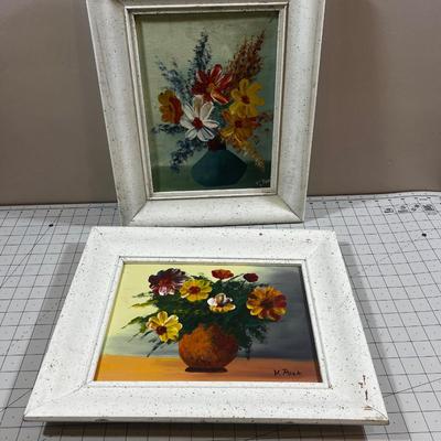 2 Oil on Board by  P. Poek Flowers in vase