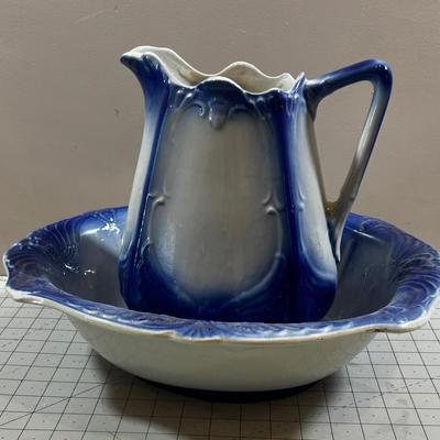 Antique Wash Basin & Pitcher, Blue & White  