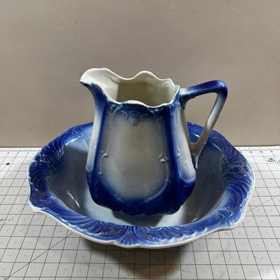 Antique Wash Basin & Pitcher, Blue & White  