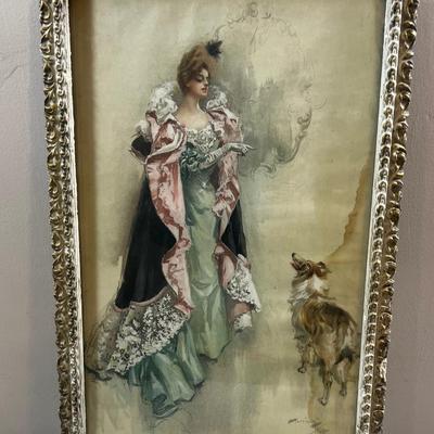 Antique Print of Woman and a Dog