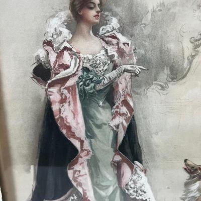 Antique Print of Woman and a Dog