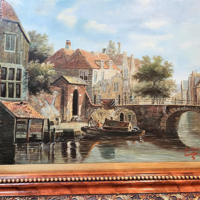 Lot #190  Decorative Painting in Gilt Frame - European Canal Scene