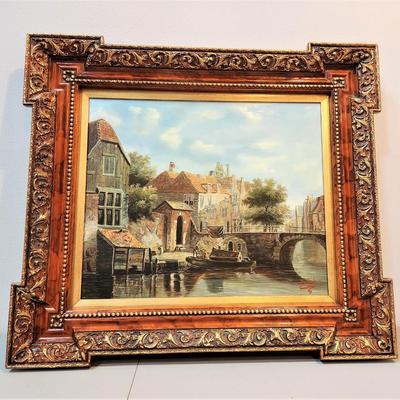 Lot #190  Decorative Painting in Gilt Frame - European Canal Scene