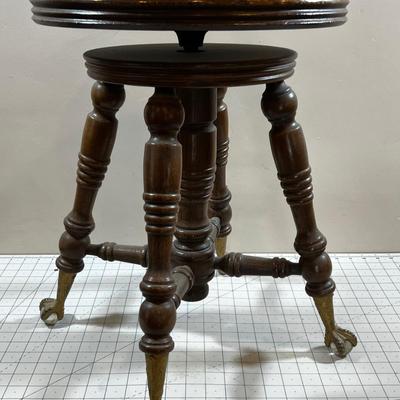 Oak Antique Piano Stool Brass Crystal Ball Claw Foot. 