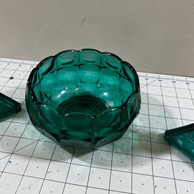 Green Turquoise Block Pattern Platter Pair of Candle Sticks and Bowl 