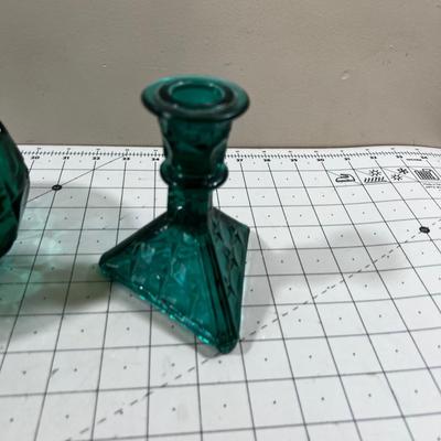 Green Turquoise Block Pattern Platter Pair of Candle Sticks and Bowl 