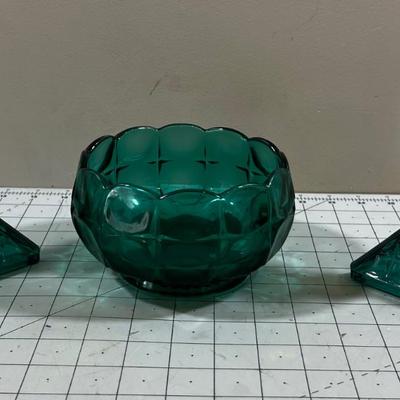 Green Turquoise Block Pattern Platter Pair of Candle Sticks and Bowl 