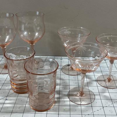 Pink Depression Glass Stems and Tumblers. 