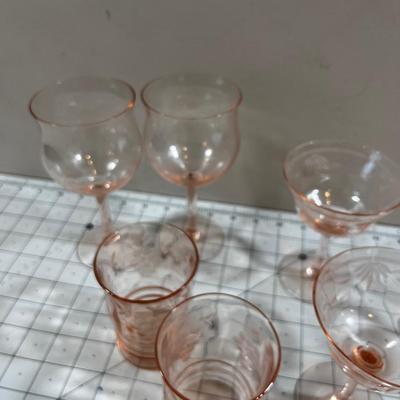 Pink Depression Glass Stems and Tumblers. 