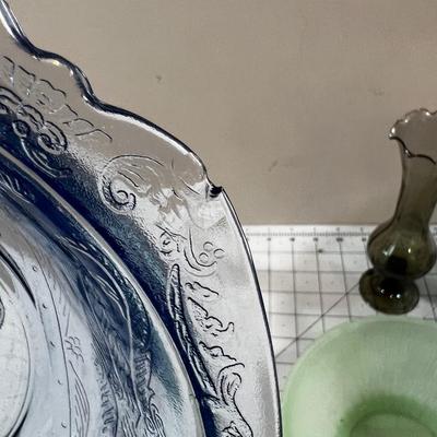 Collection of Colored Glass: Bowls, Plates and Vase