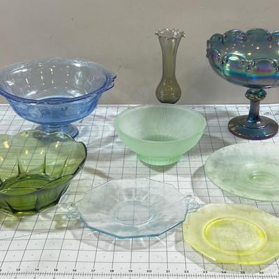 Collection of Colored Glass: Bowls, Plates and Vase