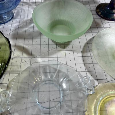 Collection of Colored Glass: Bowls, Plates and Vase