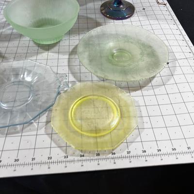 Collection of Colored Glass: Bowls, Plates and Vase