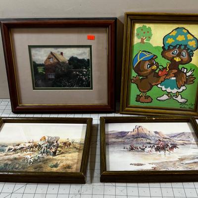 Prints Framed (4) Cottages & Cowboy & Paint by Number. 