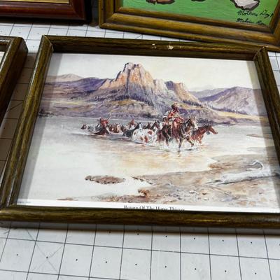 Prints Framed (4) Cottages & Cowboy & Paint by Number. 