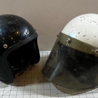 2 Black & White Vintage Motorcycle Helmets 