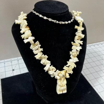 Impressive Necklace! Carved Bear and many animals on Wire plus Silver Ends. 