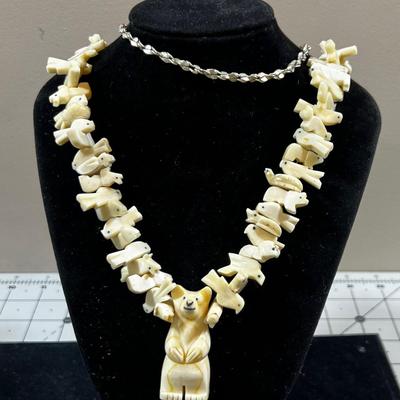 Impressive Necklace! Carved Bear and many animals on Wire plus Silver Ends. 