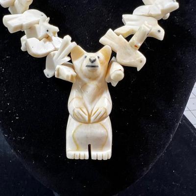 Impressive Necklace! Carved Bear and many animals on Wire plus Silver Ends. 