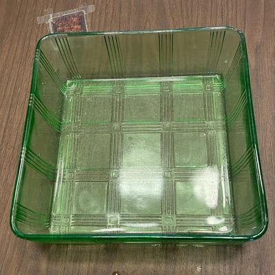 Vintage Hazel Atlas Vaseline (Uranium) Glass Square Criss Cross Refrigerator Dish