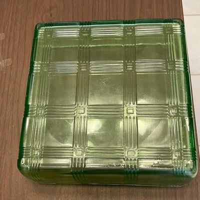 Vintage Hazel Atlas Vaseline (Uranium) Glass Square Criss Cross Refrigerator Dish