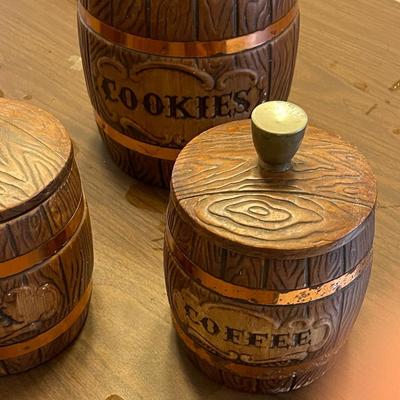 Four Vintage Treasure Craft Ceramic Barrel Canisters