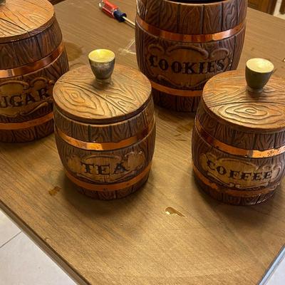 Four Vintage Treasure Craft Ceramic Barrel Canisters