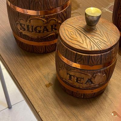 Four Vintage Treasure Craft Ceramic Barrel Canisters