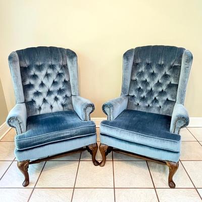 Pair (2) ~ Velvet Winged Back Queen Anne Occasional Chairs