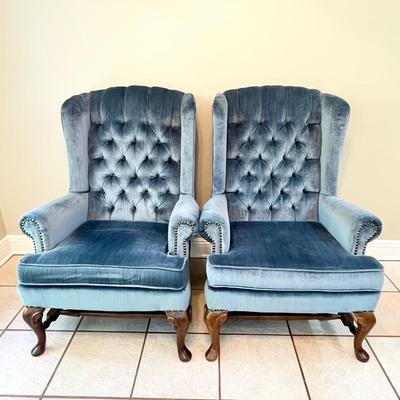 Pair (2) ~ Velvet Winged Back Queen Anne Occasional Chairs
