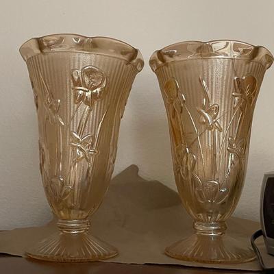 Two Jeannette Marigold Glass Iris and Herringbone Vases