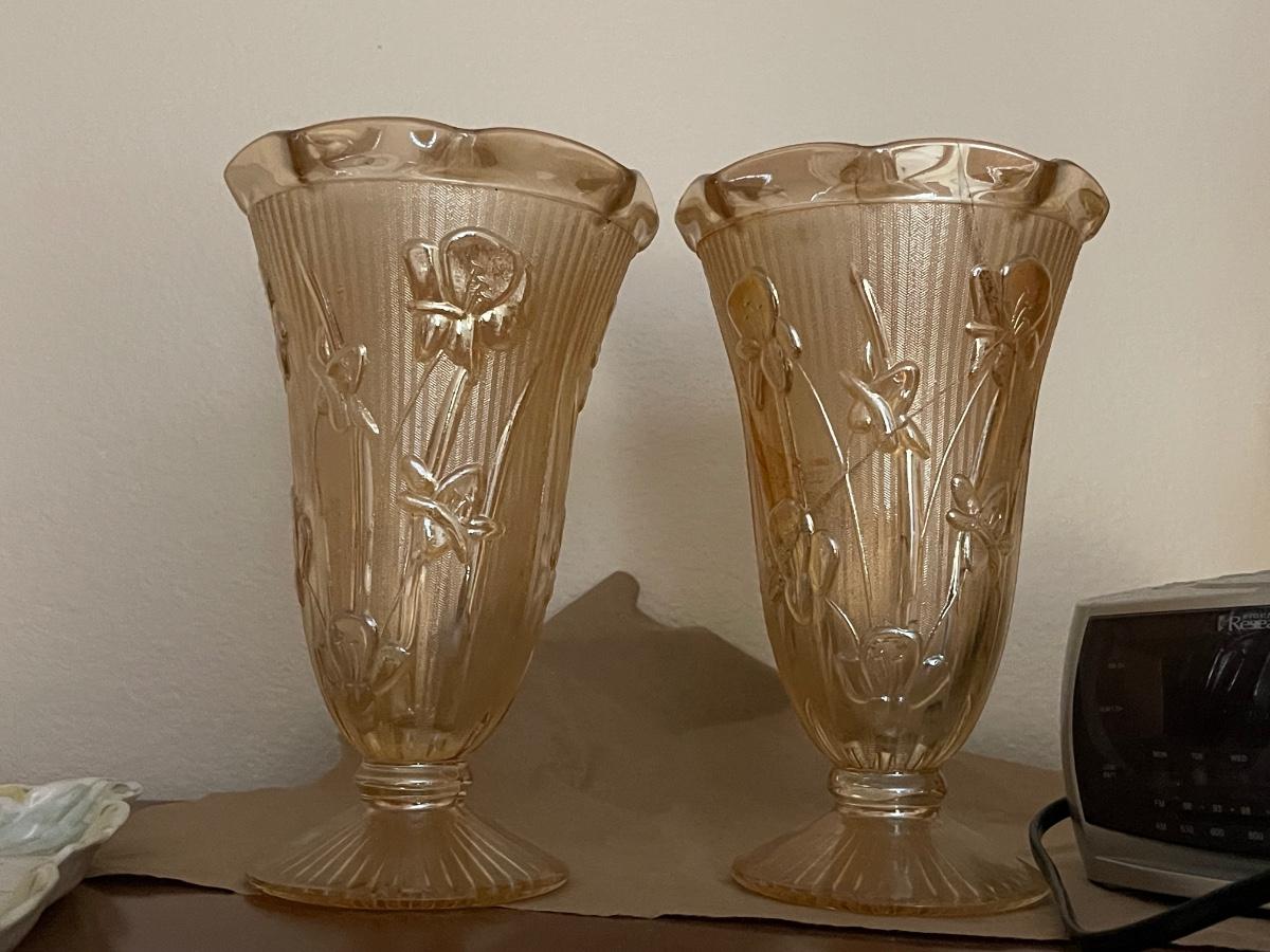 Two Marigold Glass Iris and Herringbone Vases