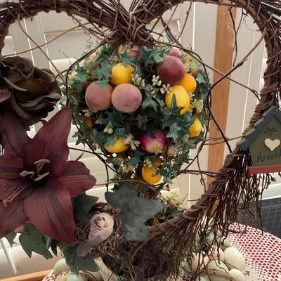 Egg Wreath, Egg Basket, Heart Wreath and pot of Fruit.