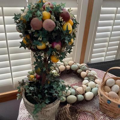 Egg Wreath, Egg Basket, Heart Wreath and pot of Fruit.