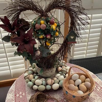 Egg Wreath, Egg Basket, Heart Wreath and pot of Fruit.