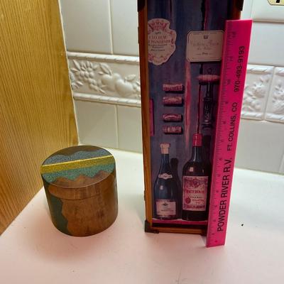 Wine bottle holder and small wood Trinket Box.