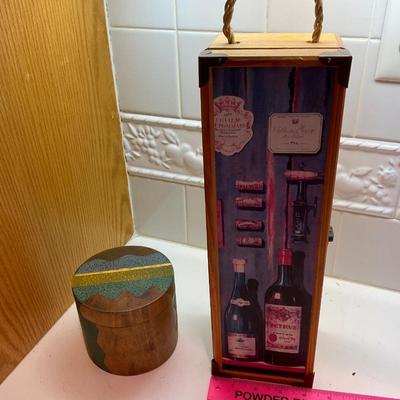 Wine bottle holder and small wood Trinket Box.
