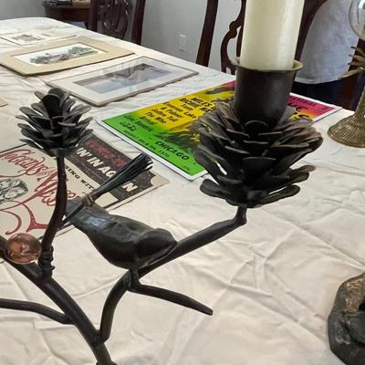 Rustic Artisan Crafted Farmhouse Style Double Taper Candle Holder - Pine Cones, Bird and Needles