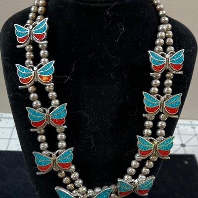 Native American Butterfly's Turquoise and Coral Inlay Plus Beads 