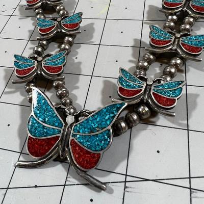Native American Butterfly's Turquoise and Coral Inlay Plus Beads 