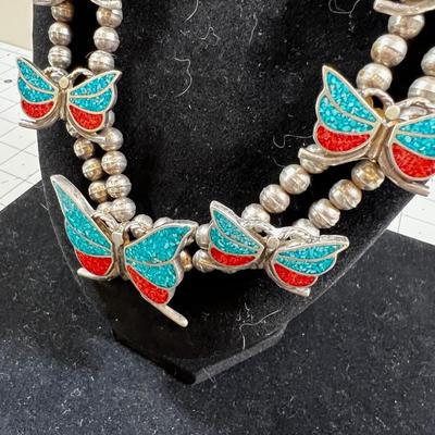 Native American Butterfly's Turquoise and Coral Inlay Plus Beads 