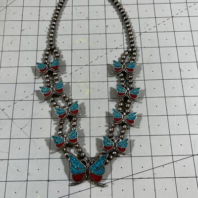 Native American Butterfly's Turquoise and Coral Inlay Plus Beads 