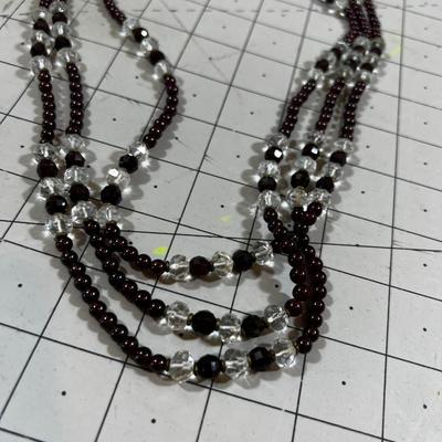 Vintage Cut Glass, 3 Strand, Brown/Purple and Clear Beads  