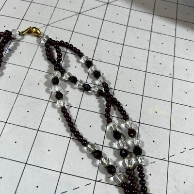 Vintage Cut Glass, 3 Strand, Brown/Purple and Clear Beads  
