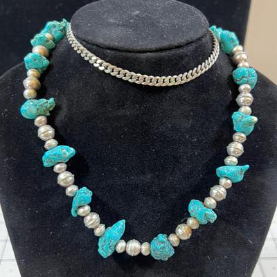 AWESOME! Turquoise and Silver Bead Necklace 