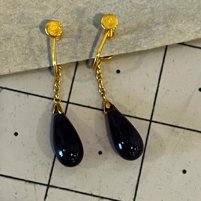 Classy Amethyst and 18K Gold Earrings, Asian Design with Tear drop 5.8 Grams